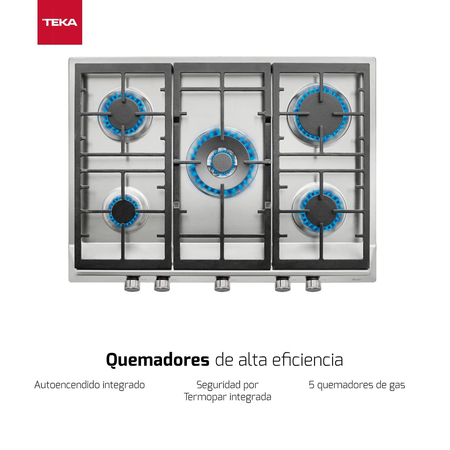 TEKA Placa de Gas 68 cm, 5 Fuegos, Doble Anillo, Mandos Frontales Metalizados, Quemadores Alta Eficiencia, Modelo EX 70.1 5G AI AL DR CI
