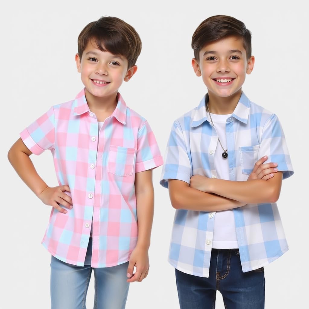 VANI COUTURE Boys Short Sleeve Button Down Shirts, Plaid Pattern, Pack of 2, Brown-Navy and Pink-Blue Check 2