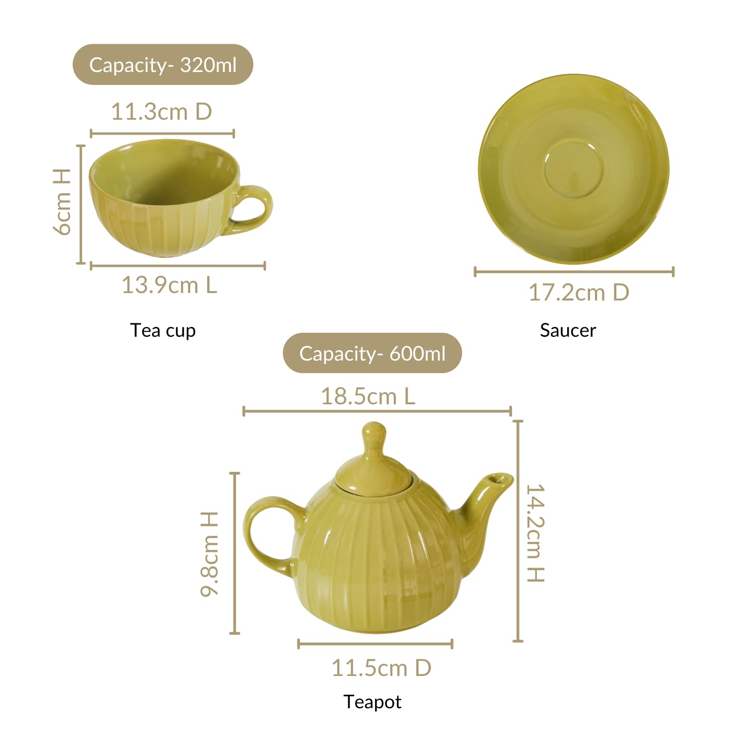 Nestasia Ceramic Tea Set for One (Olive Green) | Stackable, Ergonomic, Ribbed Design, BPA & Lead-Free, Cup and Saucer Set with Kettle | Perfect for Tea, Coffee & Gifting 4
