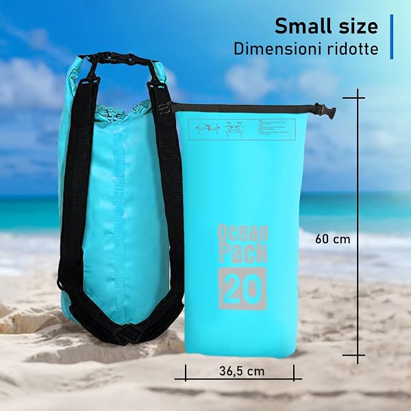 Dry Bag, Borsa Sacca Zaino Impermeabile Waterproof, chiusura a rotolo e tracolla, custodia per cellulare e marsupio per Mare Barca Pesca Rafting Spiaggia Sport Acquatici (Light Blue, 20l) - 5