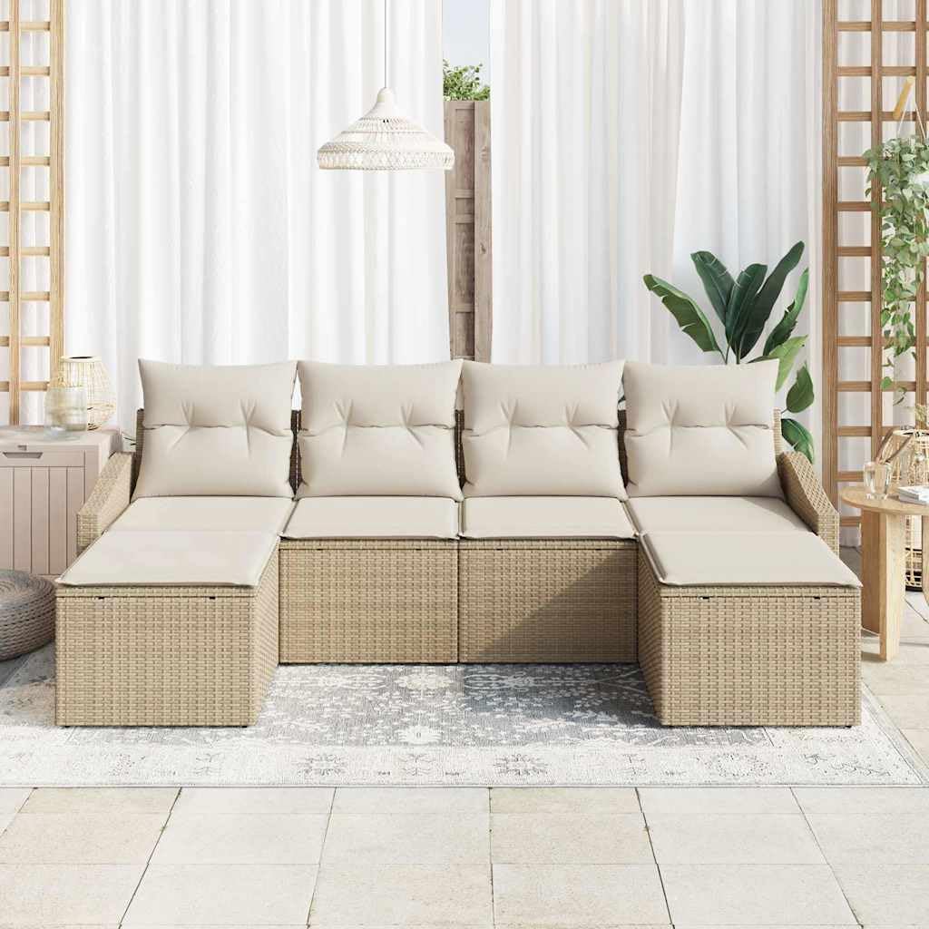 Set di divani da giardino con cuscino beige in polyrattan modulare resistente alle intemperie per relax e pranzo su terrazza, balcone o patio con tavolo regolabile e ampie soluzioni di