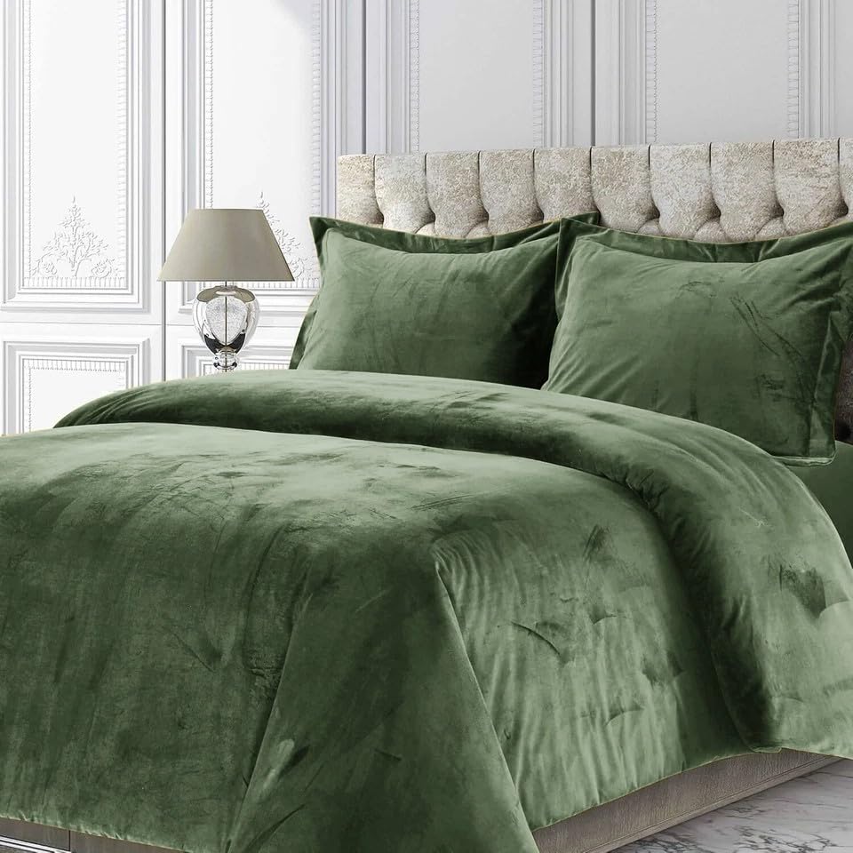 Inspire Me Plain Velvet Bedspread - Velvet Faux Fur Quilted Bedspread Bed Throw with Pillow Shams – 100% Microfiber Polyester Filling Bedding Set (Olive, King)