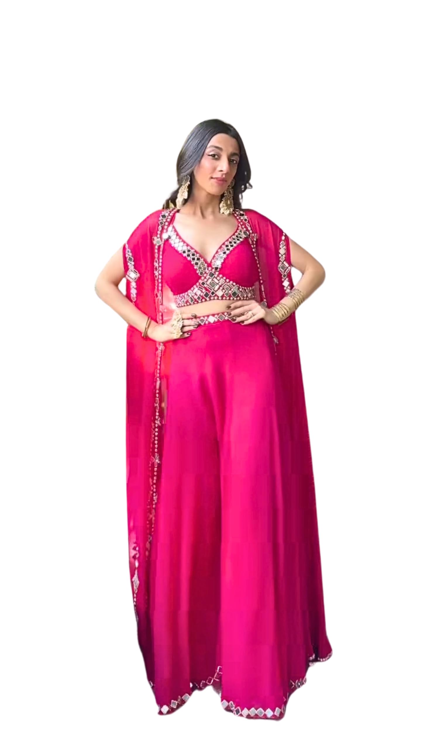 Pink Draped Palazzo & Mirror Work Blouse with Shrug – Indo-Western Fusion