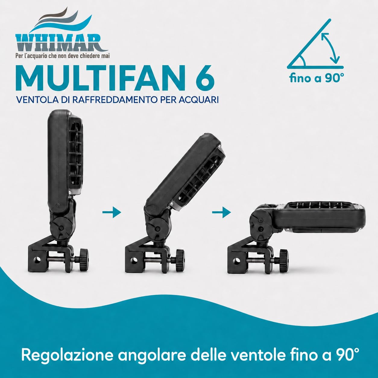 Whimar MultiFan 6 Ventole di Raffreddamento per Acquario, Sistema 12V a 6 Ventole, Basso Consumo 5,7W, Silenzioso <40 Db, per Acquari Aperti, Supporto per Vetro Fino a 20 mm