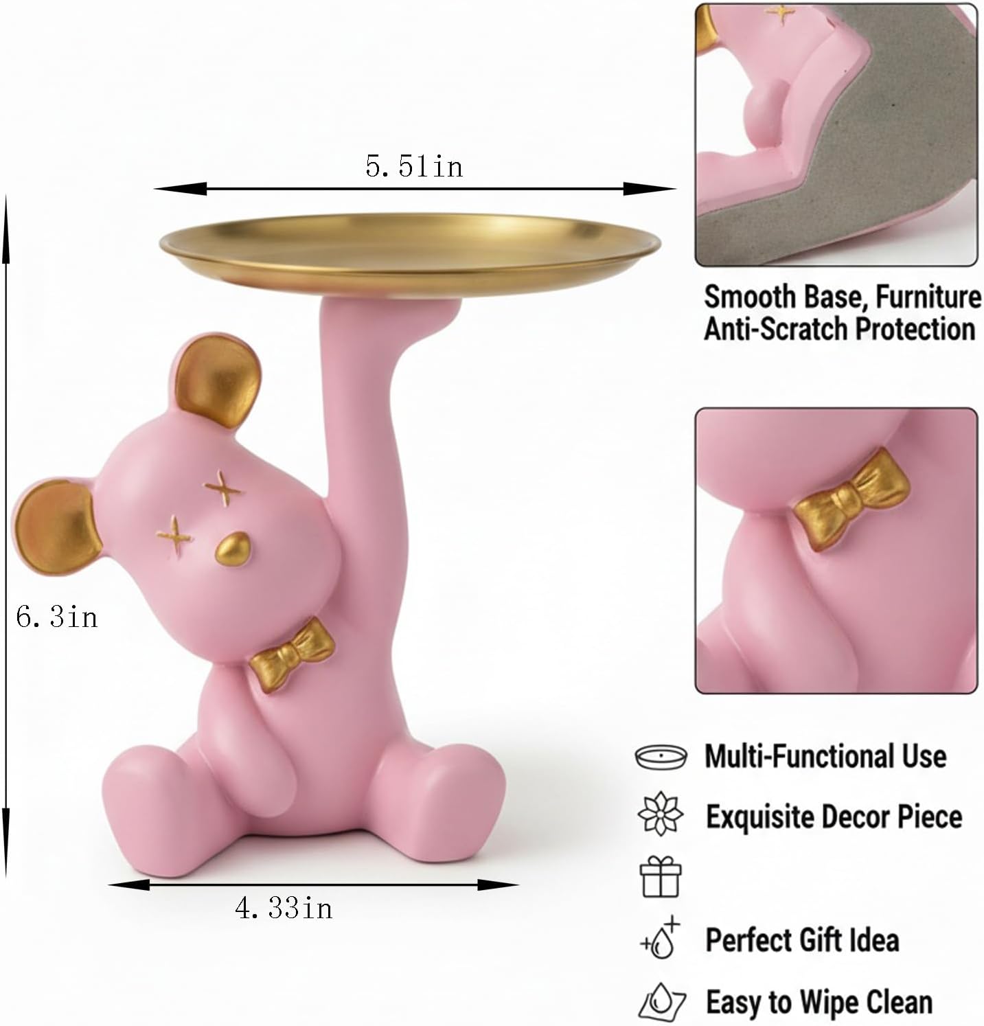 Bear Figurine Tray, Resin Key & Candy Dish Bowl for Entryway Table, Office Desk - Cute Key Holder, Funny Small Candy Dish, Home Decorations Indoor, Bear Home Decor Gift (pink)