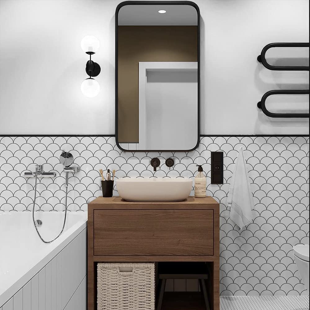 Floor Wall Tile Transfers Sticker for Home Decor, Peel & Stick self-Adhesive splashback, Tile Decals for Living Room Kitchen Bathroom Decor, 15X15cmX 20 Pcs, White and Black Line Tile Sticker โ image 1