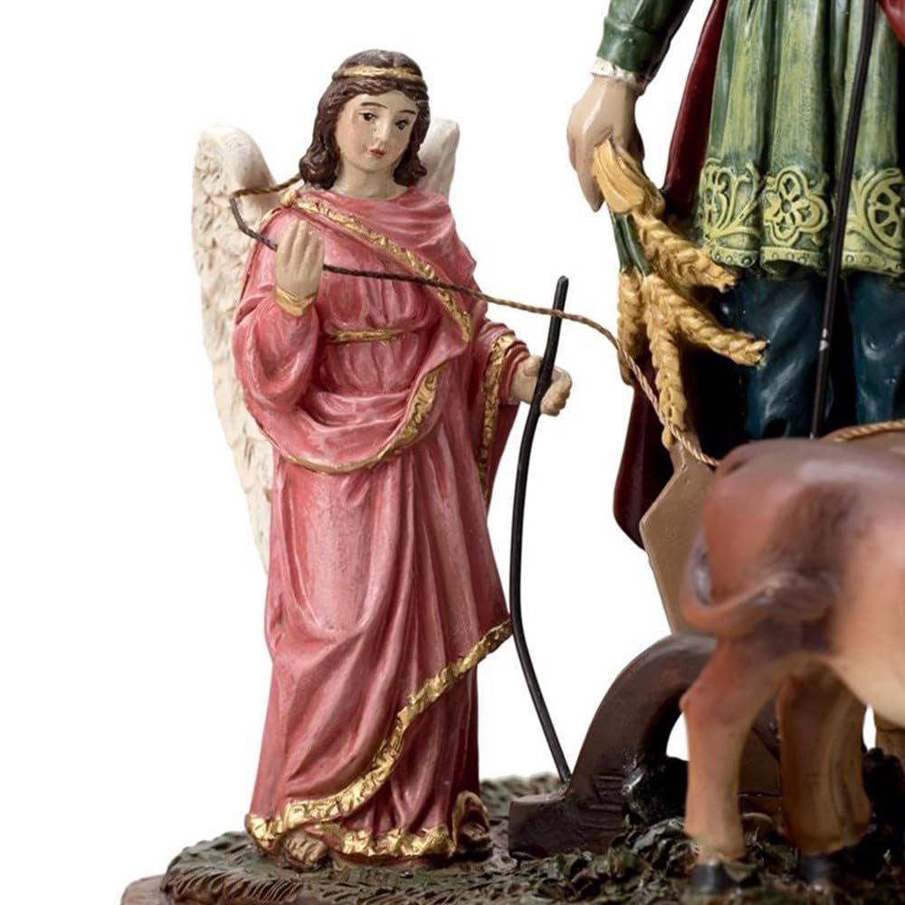 San Isidro Labrador Figura 20 cm. Resina con bueyes Detalle ángel patrón de los labradores