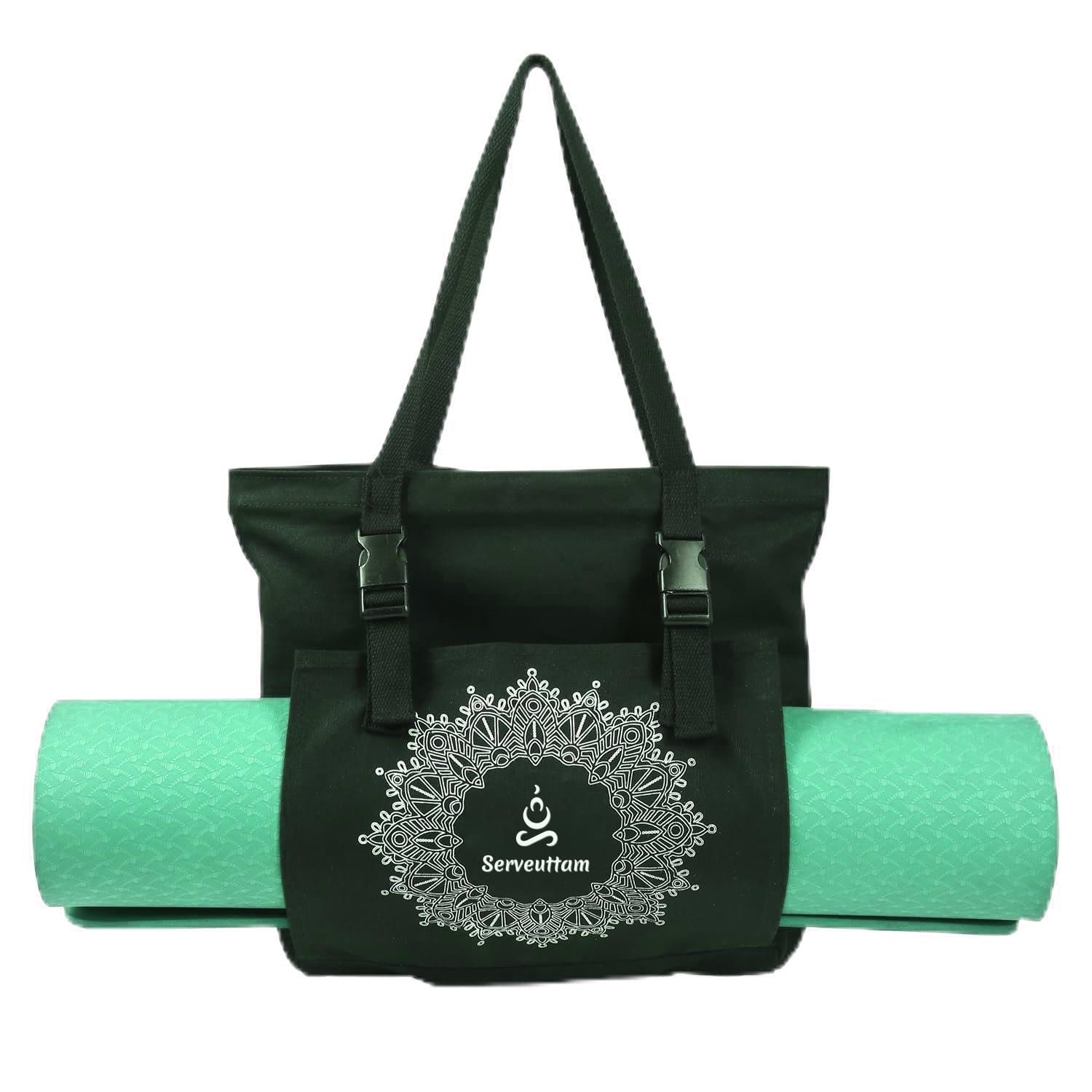 Serveuttam Yoga Mat Bag - Designed for Yoga Equipment | Easy to Carry Mat, Blocks, Phone | Stylish, Breathable, Side Bag (Large, Black)