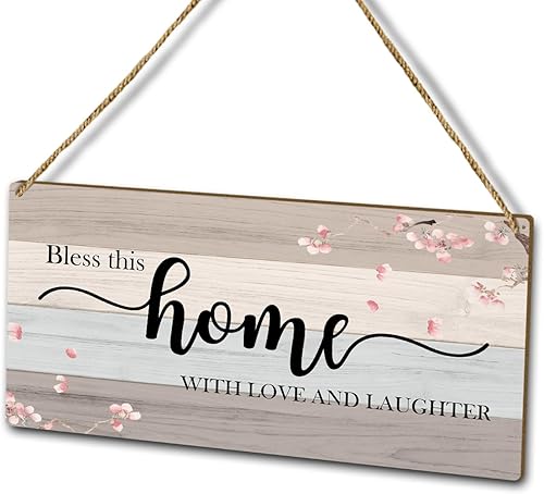 Christian Décor - Letrero de madera para colgar en la pared, Bless This Home with Love and Laughter, decoración del hogar, puerta (1 pieza), regalo