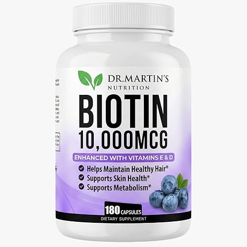 Potente biotina (vitamina B7) 10,000 mcg con suplemento de vitaminas D y E | 180 unidades | Cabello, piel y uñas | Para un crecimiento del cabello
