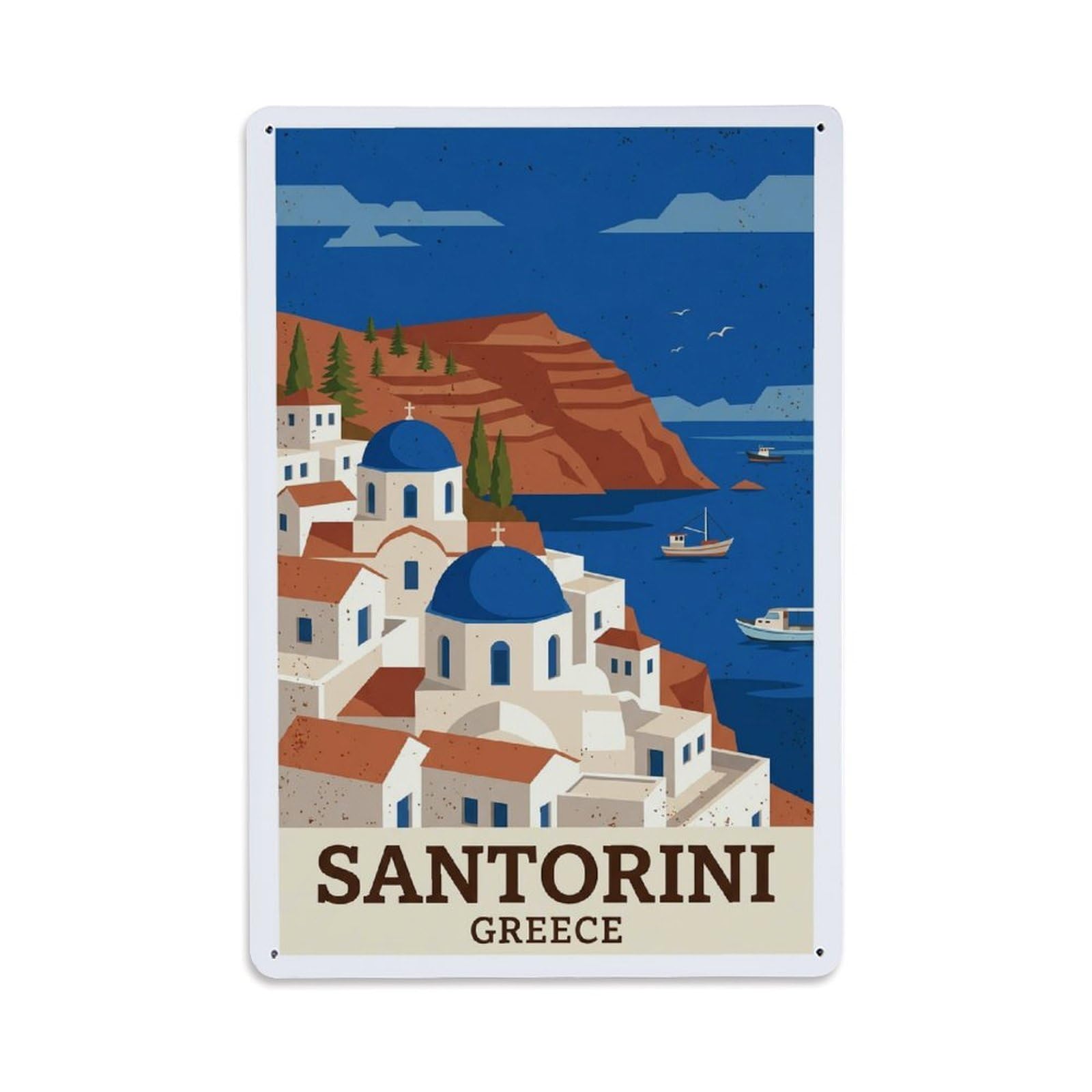 Fyrn Style Metal Tin Sign Vintage Travel Santorini Greece Domes