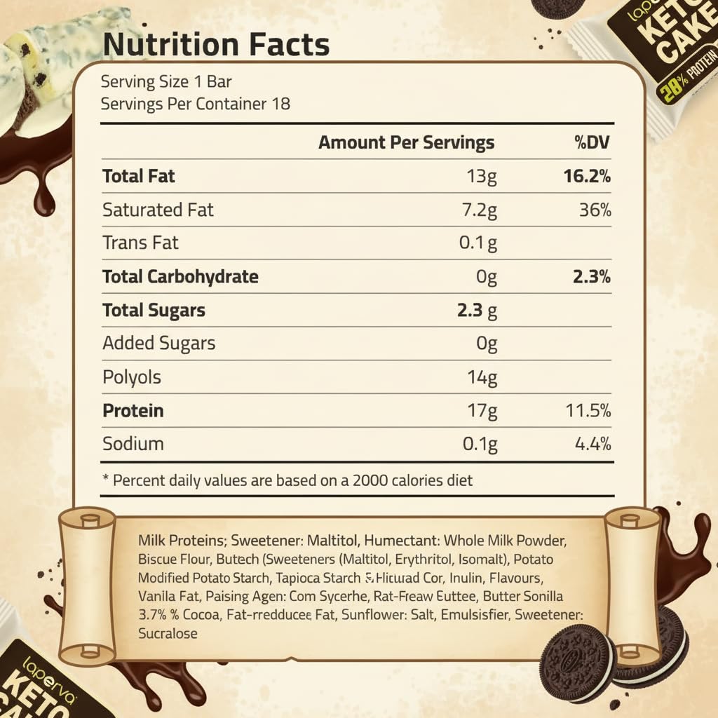 Laperva Keto Cake Barre Protéinée 28% Protéines Cookies & Cream, Snack Keto Low Carb, Végétarien, Sans Gluten, Sans Sucre Ajouté, Riche en Fibres, Non OGM, 18 Barres