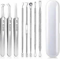Kit Removedor de Cravos e Espinhas Profissional 8 Peças Inox com Estojo – Ferramentas de Higiene Facial para Limpeza de Poros, Acne e Cravos, Extrator de Cravos e Espinhas