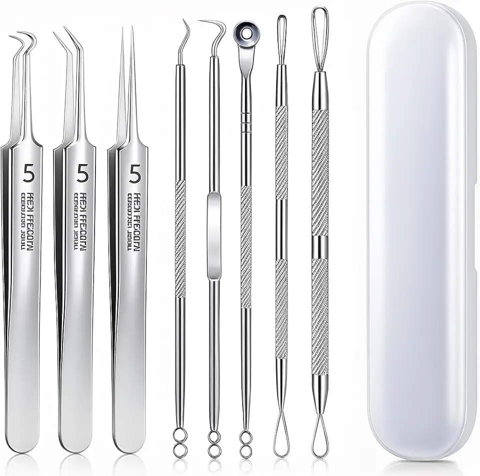 Kit Removedor de Cravos e Espinhas Profissional 8 Peças Inox com Estojo – Ferramentas de Higiene Facial para Limpeza de Poros, Acne e Cravos, Extrator de Cravos e Espinhas