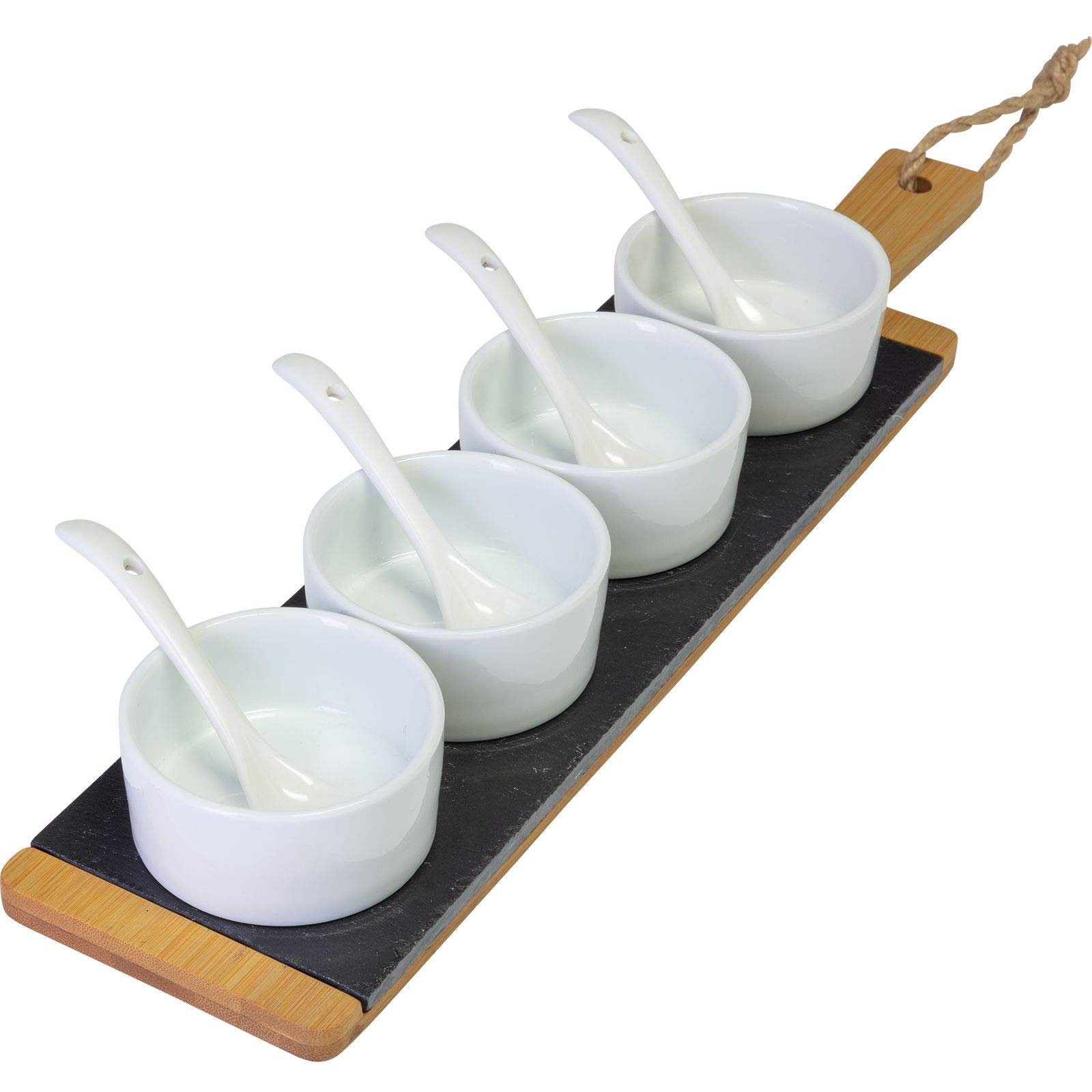 Westmark Set da portata, 9 pezzi, 1 tagliere in bambù/ardesia + 4 ciotole + 4 cucchiai, Ardesia/Bambù/Ceramica, Tapas + Friends, Antracite/Marrone chiaro/Bianco, 69662260