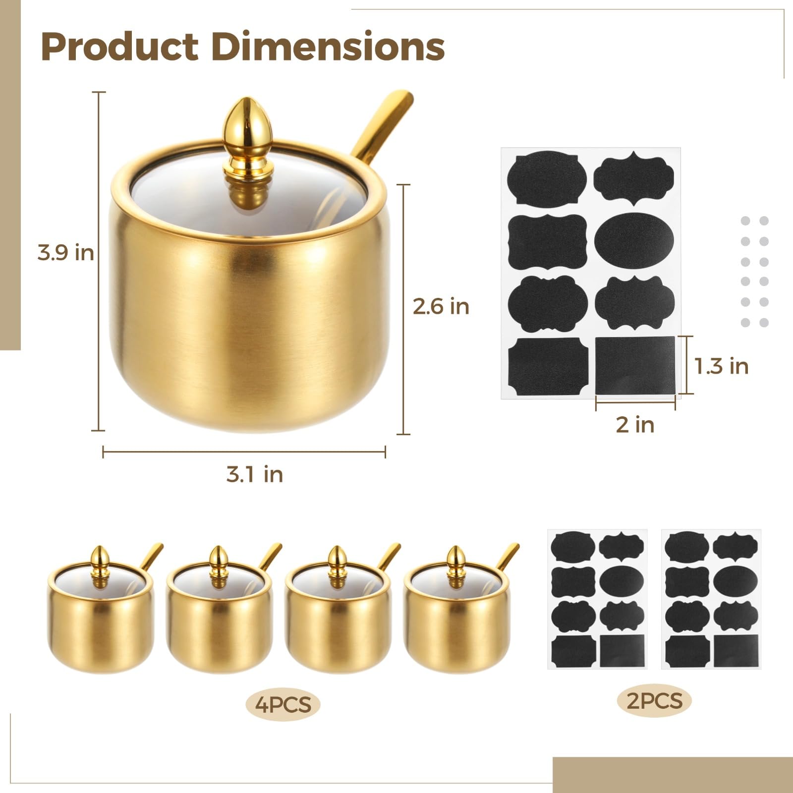 Generisch 4 Stk. Zuckerdosen mit Deckel und Löffel, goldfarbener Edelstahl Gewürzbehälter, Gewürzglas mit Etikettenaufklebern für Küche, Kaffeebereich, Zucker, Salz, Pfeffer und mehr