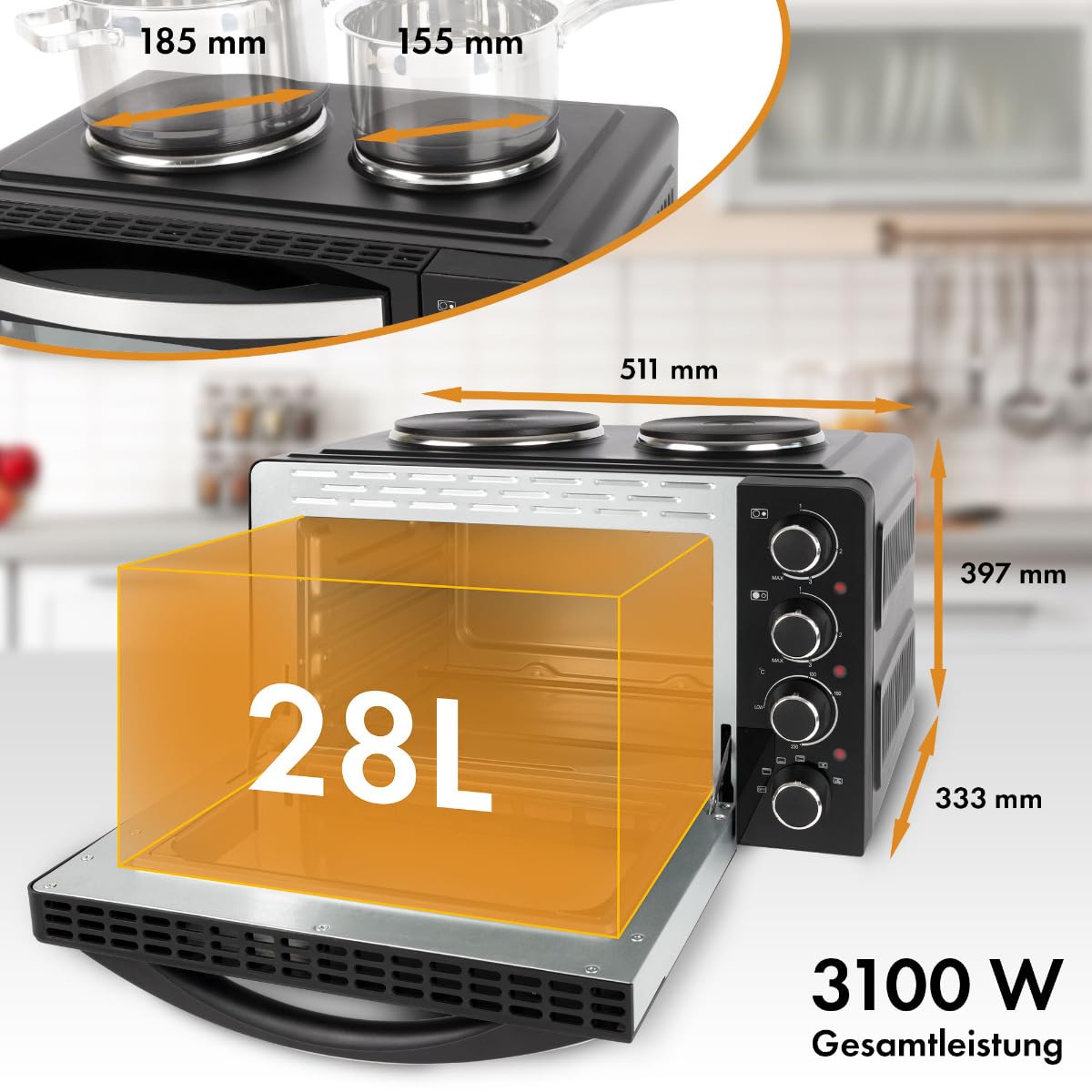 Bomann®mini piekarnik z płytą grzewczą i rożnem | gotowanie i pieczenie w tym samym czasie | 28L obracające się ciepło w górę/dół 100°-230°C | 3100 W z akcesoriami | KK