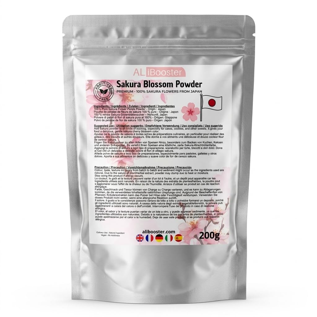 Poudre de Fleurs de Sakura Premium 200 g - Origine Japon - Sakura Blossom 100% Pure - Poudre de Pétales - Pâtisserie, Desserts, Boissons, Bubble Tea & Cuisine Japonaise