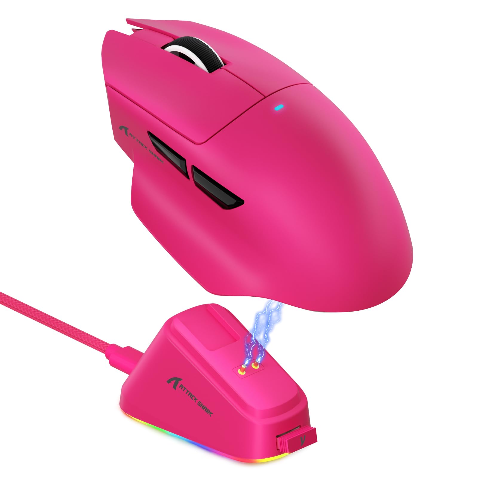 MAMBASNAKE Attack Shark V6 65g Lightweight RGB Gaming Mouse with Magnetic Charging Dock, BT/2.4G Wireless/Wired 1K Polling Rate, 25K DPI, Programmable Mice for PC/Mac/Laptop(Berry)