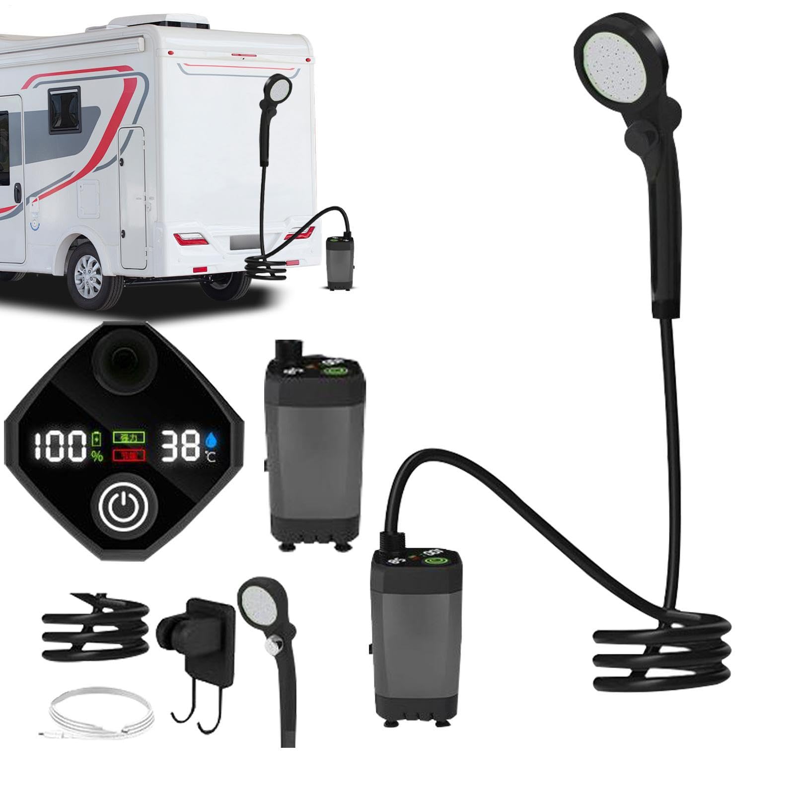 Generico Doccia Camping Pompa Ricaricabile per Camping All'Aperto | Doccia Da Escursionismo Con Display LED Portatile, per Spiaggia, Camper, Escursioni, Lavaggio Auto,