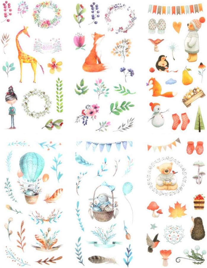 3 Set(18 Sheet) Kawaii Fairy Tale Animal Girl Hot Air Balloon Giraffe Fox Hedgehog Snowman Gloves Floral Stationery Sticker Scrapbooking Planner Journal Diary DIY Craft Decorative Label (Cute Animal)