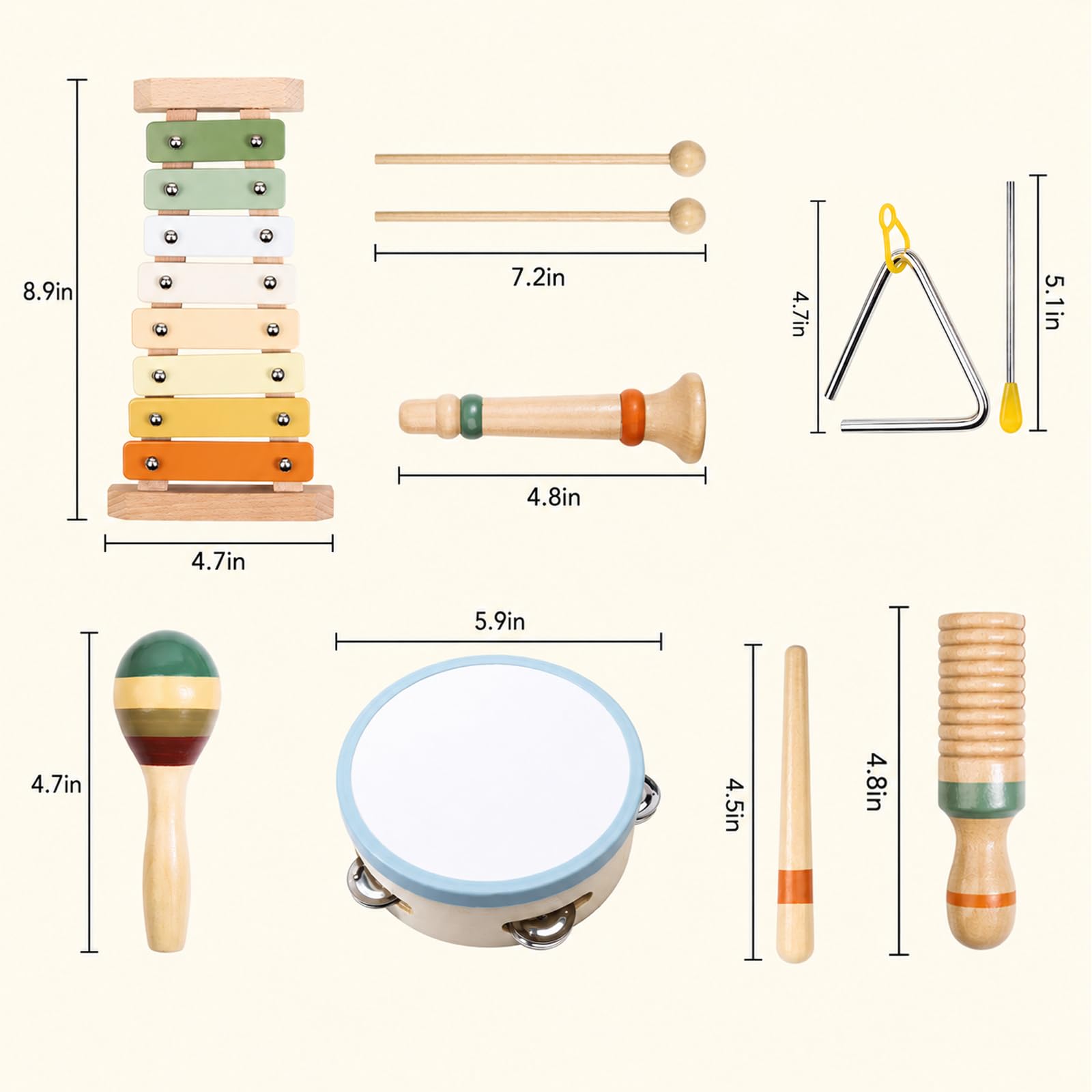 Instrumenty muzyczne dla dzieci od 3 lat – drewniany zestaw instrumentów Montessori 12 elementów, ksylofon, tamburyn, marakasy, trójkąt, zabawki rytmiczne dla dzieci