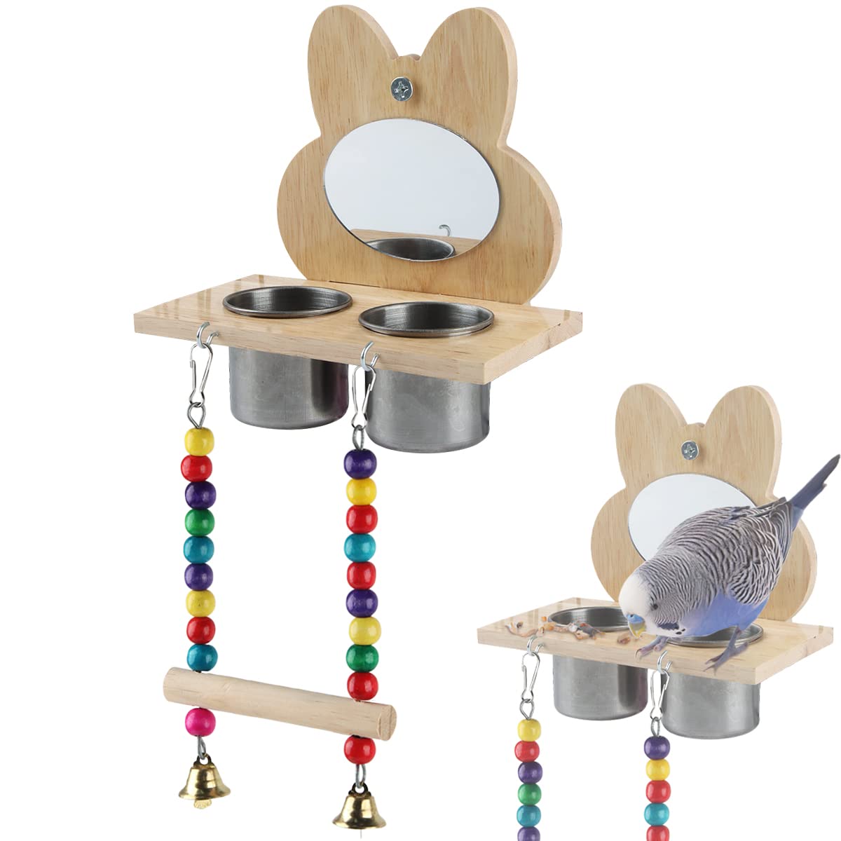 FainFun Percha con Espejo Madera para Pájaros, 17 * 16 * 8.5 CM Espejo de Loros con Percha, Soporte para Pájaros Perca con Espejo, Columpio con Espejo para Jaula de Periquitos, Paloma, Canario