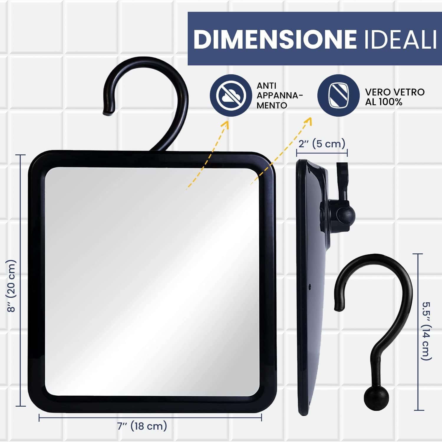Mirrorvana Specchio appendibile da doccia antiappannamento - specchio rasatura in vetro, infrangibile, specchio barba da bagno, 20 x 18 cm