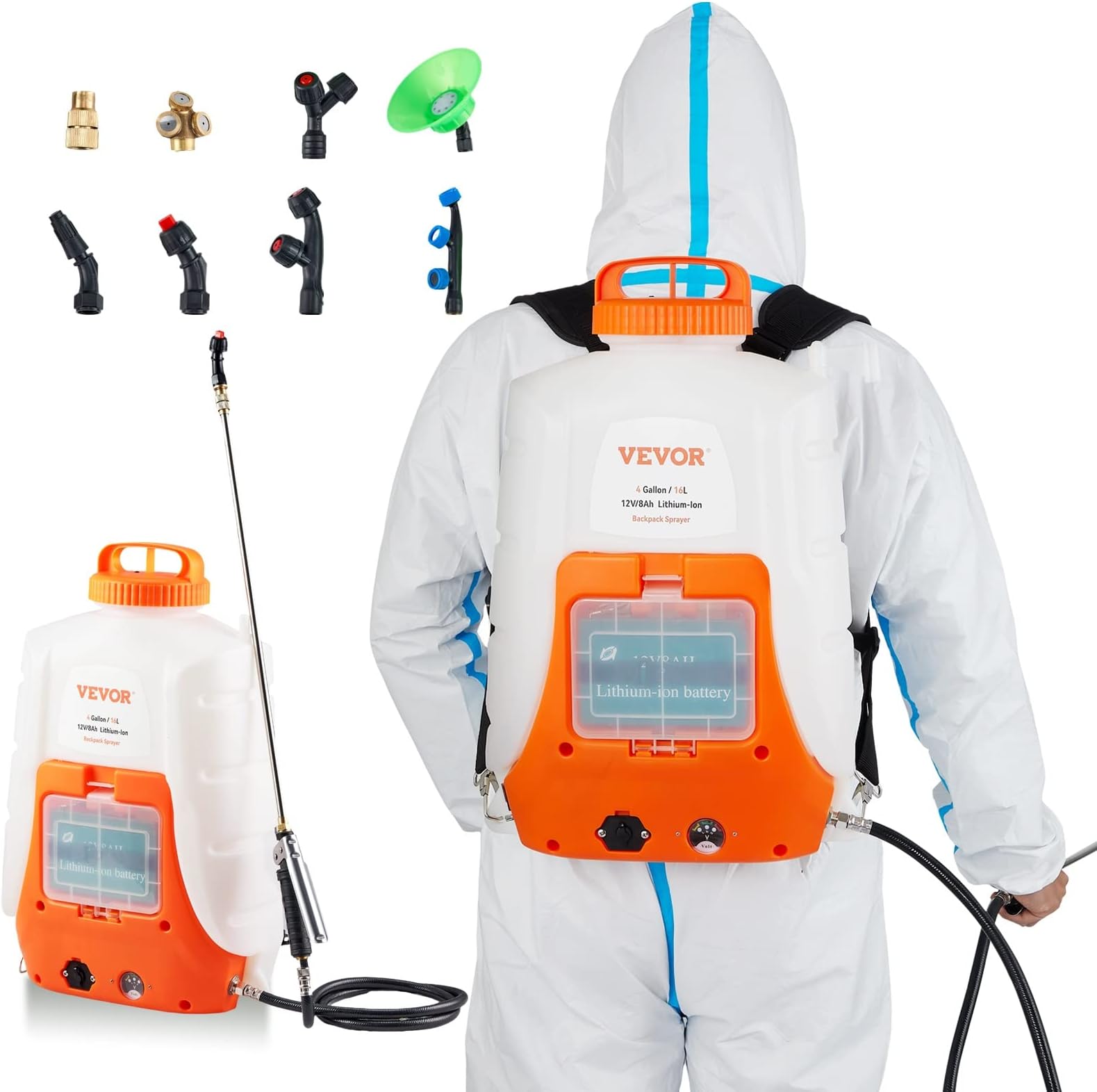 VEVOR Battery Powered Backpack Sprayer, 0-90 PSI Adjustable Pressure, 4 Gallon Tank, Back Pack Sprayer with 8 Nozzles and 2 Wands, 12V 8Ah Battery, Wide Mouth Lid for Weeding, Spraying, Cleaning