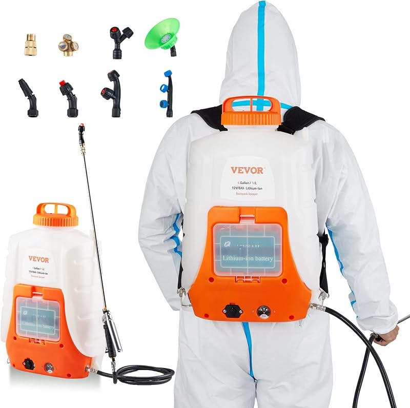 VEVOR Pulverizador de mochila a batería, presión ajustable de 0 a 90 PSI, tanque de 4 galones, pulverizador de mochila con 8 boquillas y 2 varillas, batería de 12 V 8 Ah, tapa de boca ancha para desmalezar, rociar, limpiar