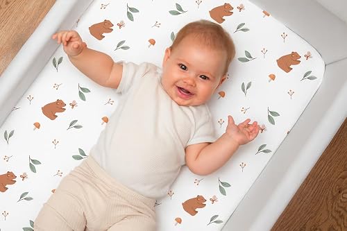 Lovely Hippo 2 lenzuoli con angoli elasticizzati in 100% cotone + 1 coprimaterasso, 100% materiale impermeabile, set da 3 pezzi, compatibili Chicco, Kinderkraft (orso, 60 x 80 cm) - 6