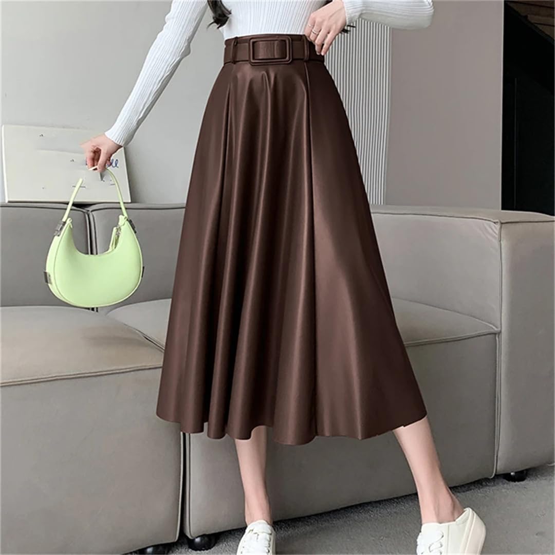 Otoño Invierno Faux PU Cuero Mujer Paraguas Falda Cintura Alta Sólido Elegante A-Line Faldas