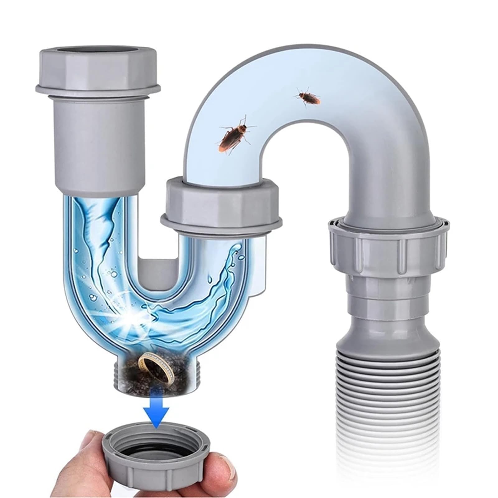 1/4 Zoll Abflussrohr-Set for Küchenspüle mit Reinigungsstopfen, geruchshemmend, flexibles U-förmiges Abflussrohr, Rückflussverhinderung