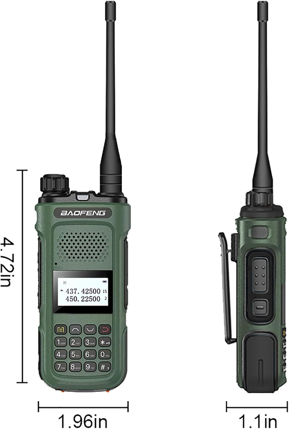 Yan ve ön view of the BAOFENG UV-10R radio with dimensions labeled: 4.72 inches height, 1.96 inches width, 1.1 inches depth.