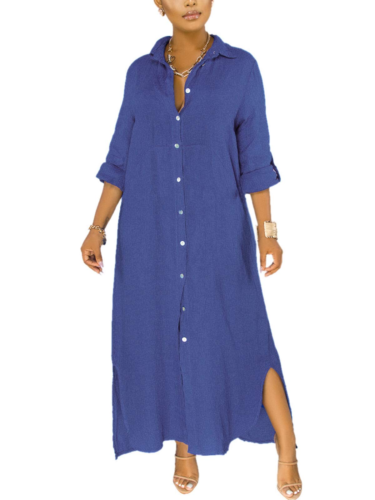 qfmqkpi Women's Solid Color 3/4 Rolled-Up Sleeve Shirts Dress Buttons Down Side Slit Maxi Dresses