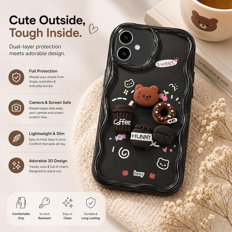 Image of ZR023 Compatible for iPhone 16 Cute Teddy Bear Design Back Cover | Soft Silicone Shockproof Protective Case | Slim Fit Stylish Camera Protection Phone Cover - Transparent Black