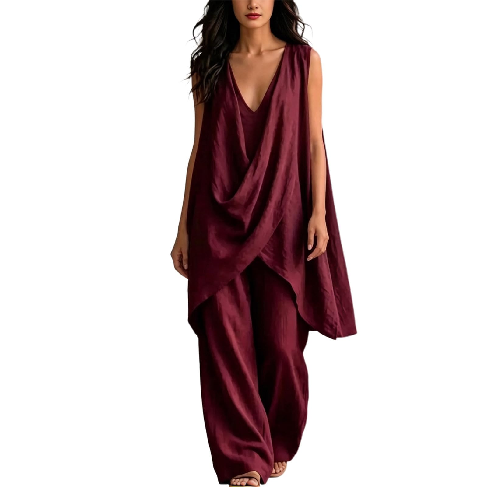 Generisch Tuta estiva da donna, due pezzi, elegante, per il tempo libero, streetwear, outdoor, tuta da allenamento, tinta unita, con scollo a V, gilet senza maniche e pantaloni a gamba larga