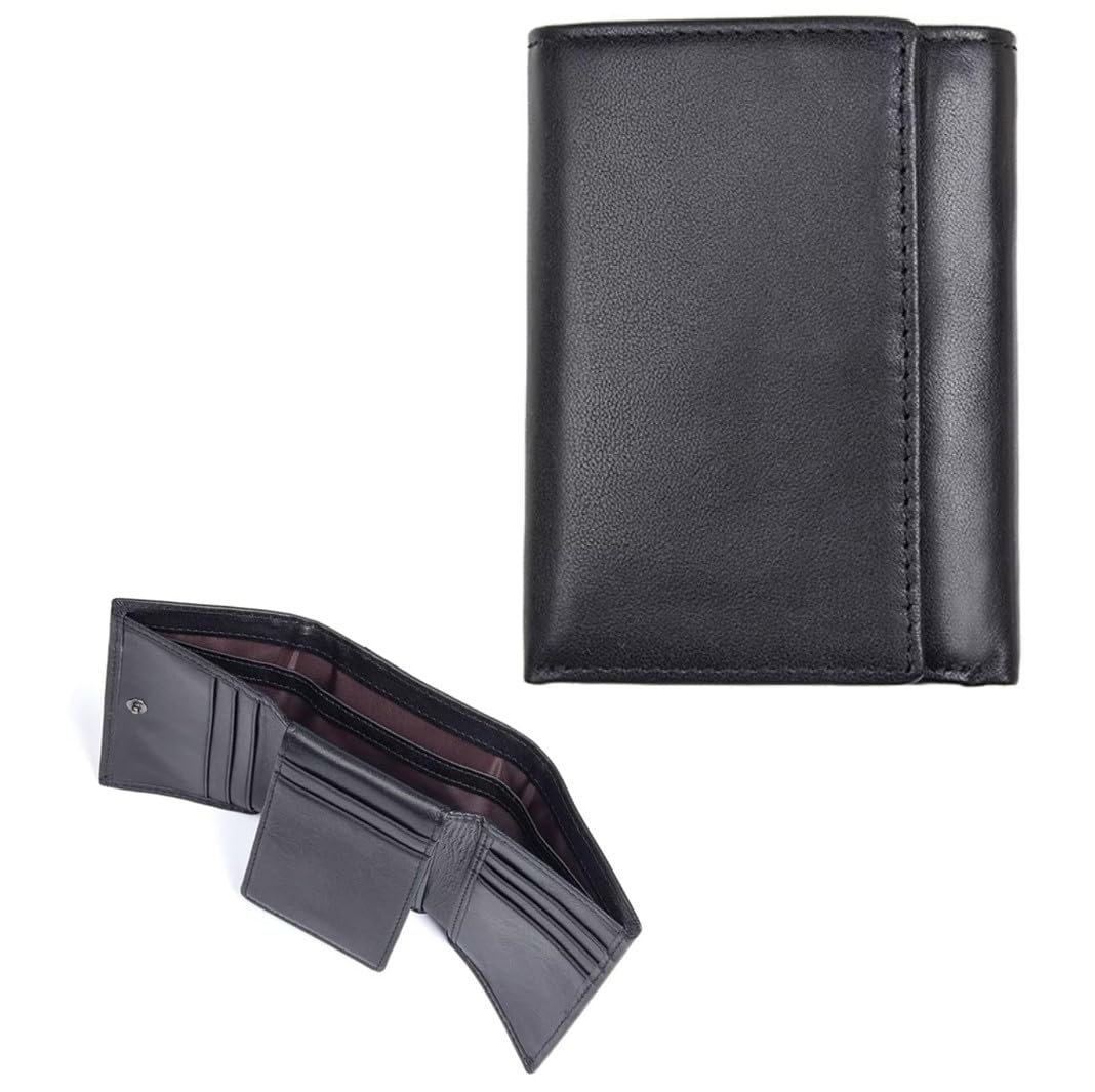 AurexaFashion Genuine Leather Short Trifold Wallet for Men, RFID Blocking, Snap Closure. 11 Card Slots, 2 ID Windows. Black