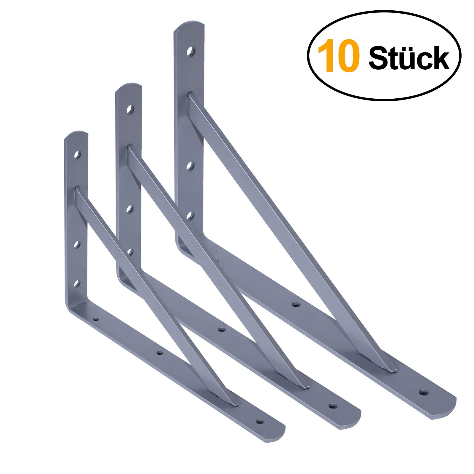 PRIOstahl® Metalowy wspornik regałowy, wspornik do dużych obciążeń, uchwyt do regału, 270 x 395 mm, wspornik półki do dużych obciążeń, konsola ścienna, kątownik do dużych obciążeń (10 sztuk, srebrny)