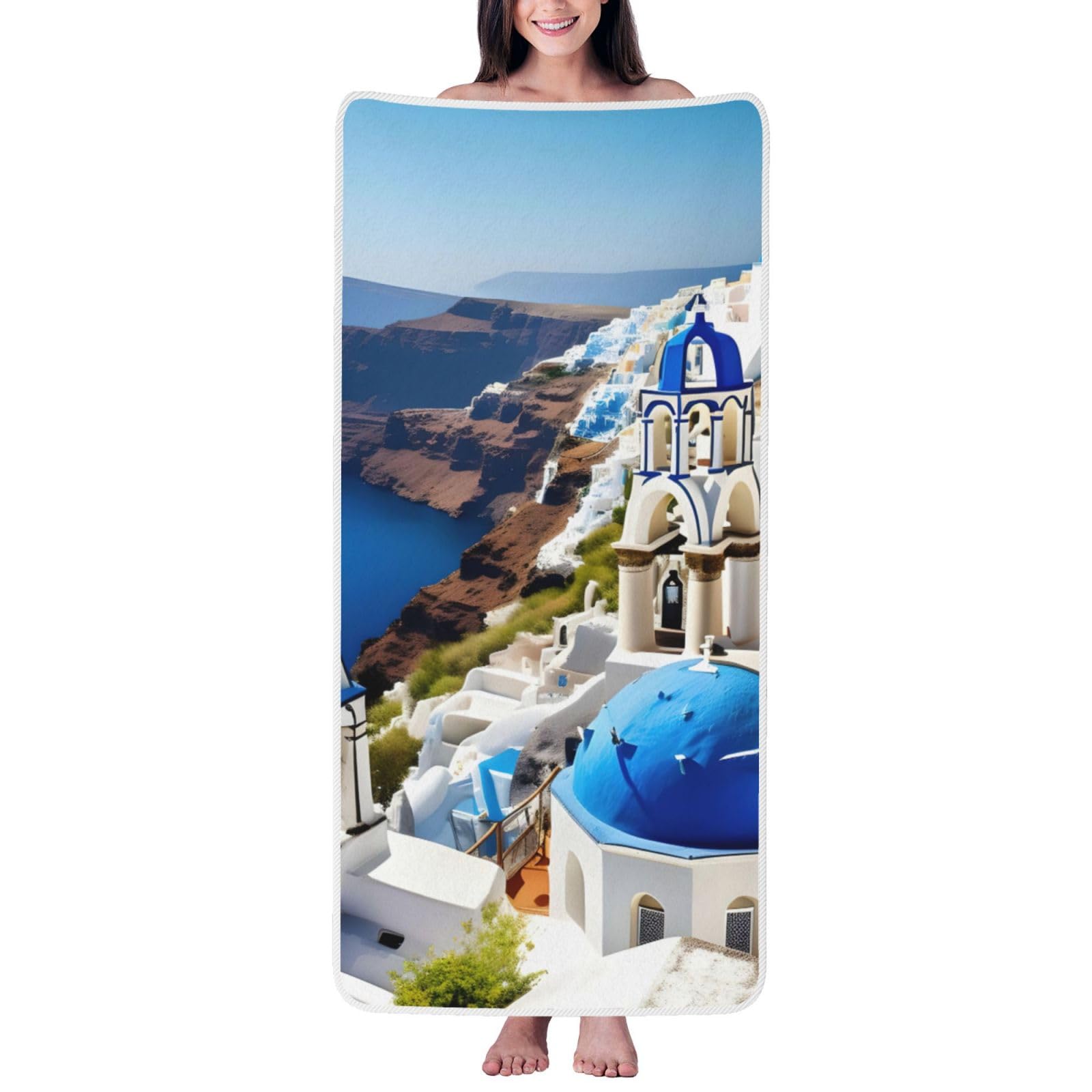 Ztpowqa Women's White Greek Island Sea View Print Coral Velvet Bath Towel For Home Gym Lounging Bathroom Spa Hotel Beach Travel