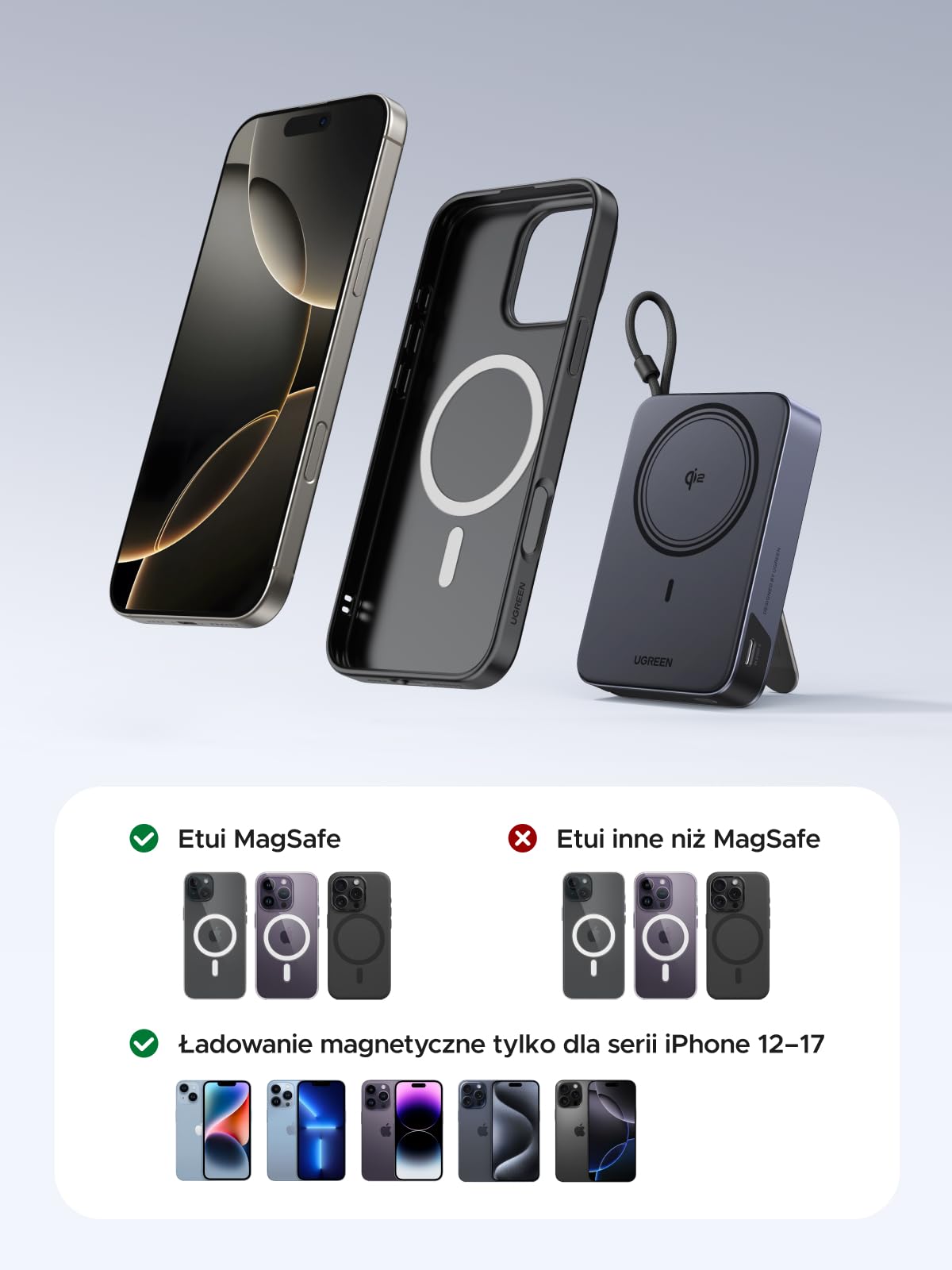 UGREEN Zapix 10000mAh Qi2 15W Magnetyczny Powerbank z USB-C 30W | Certyfikat Qi2, Zintegrowany Kabel, iPhone 17–12, Składana Podstawka, Idealny do podróży i dojazdów do pracy