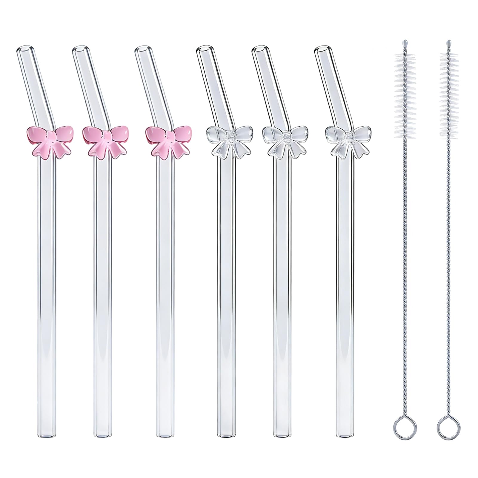 Glass Straws with Bows, Glass Straws with Charms, 3 Pink and 3 Clear Bows 2 Cleaning Brushes, Reusable Drinking Material 90℃ Heat Resistant for Daily Drinkware