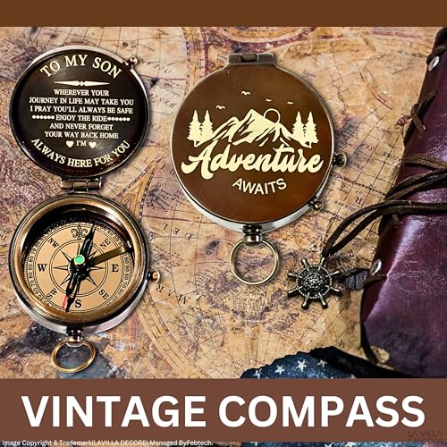 Brújula de Latón Grabada con Cita para Mi Hijo – Diseño de Aventura con Mensaje Inspirador – Estilo Vintage con Funda de Cuero y Cadena miniatura 4