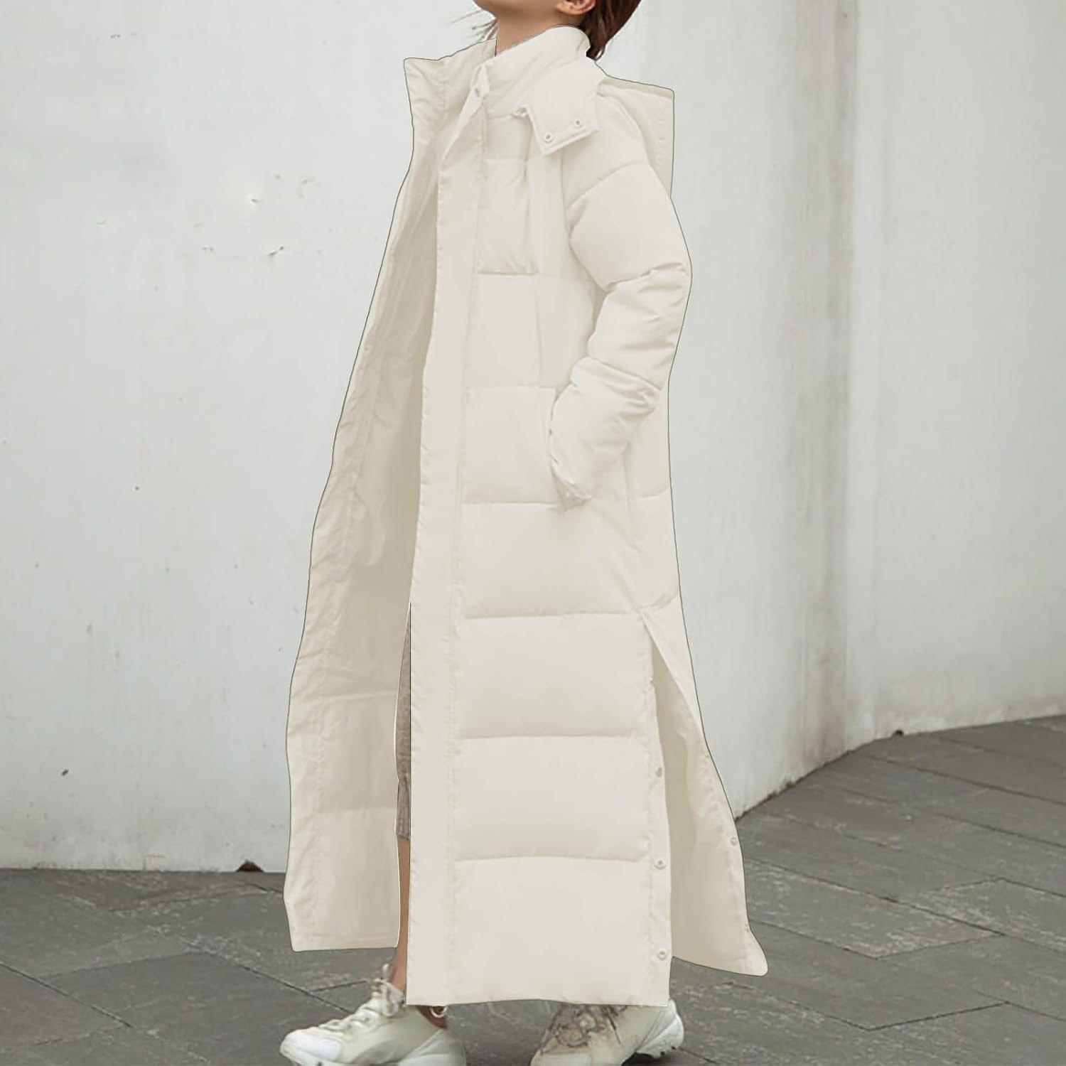 Long Down Winter Jackets for Women Hooded Thicken Warm Down Jacket Hem Slit Padded Puffer Coat Fashion with Pockets - Image 2