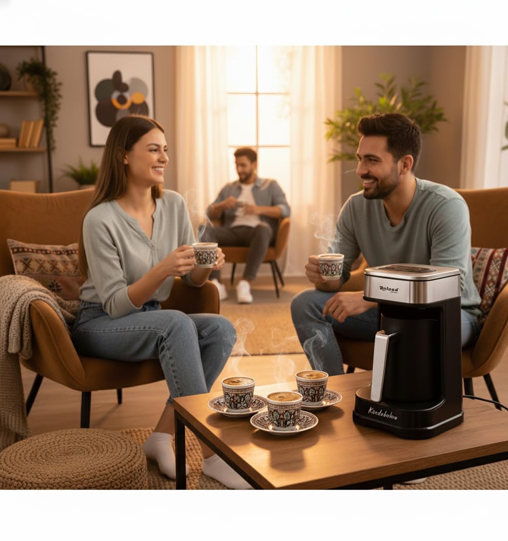 Türkische Kaffeemaschine, 600W, Kaffeekanne, Slow COOK Technologie, 4 Tassen Kapazität, mit Kaffeemesslöffel, Doppelter Ausguss, Ton- und Lichtwarnsystem (1, Silber)