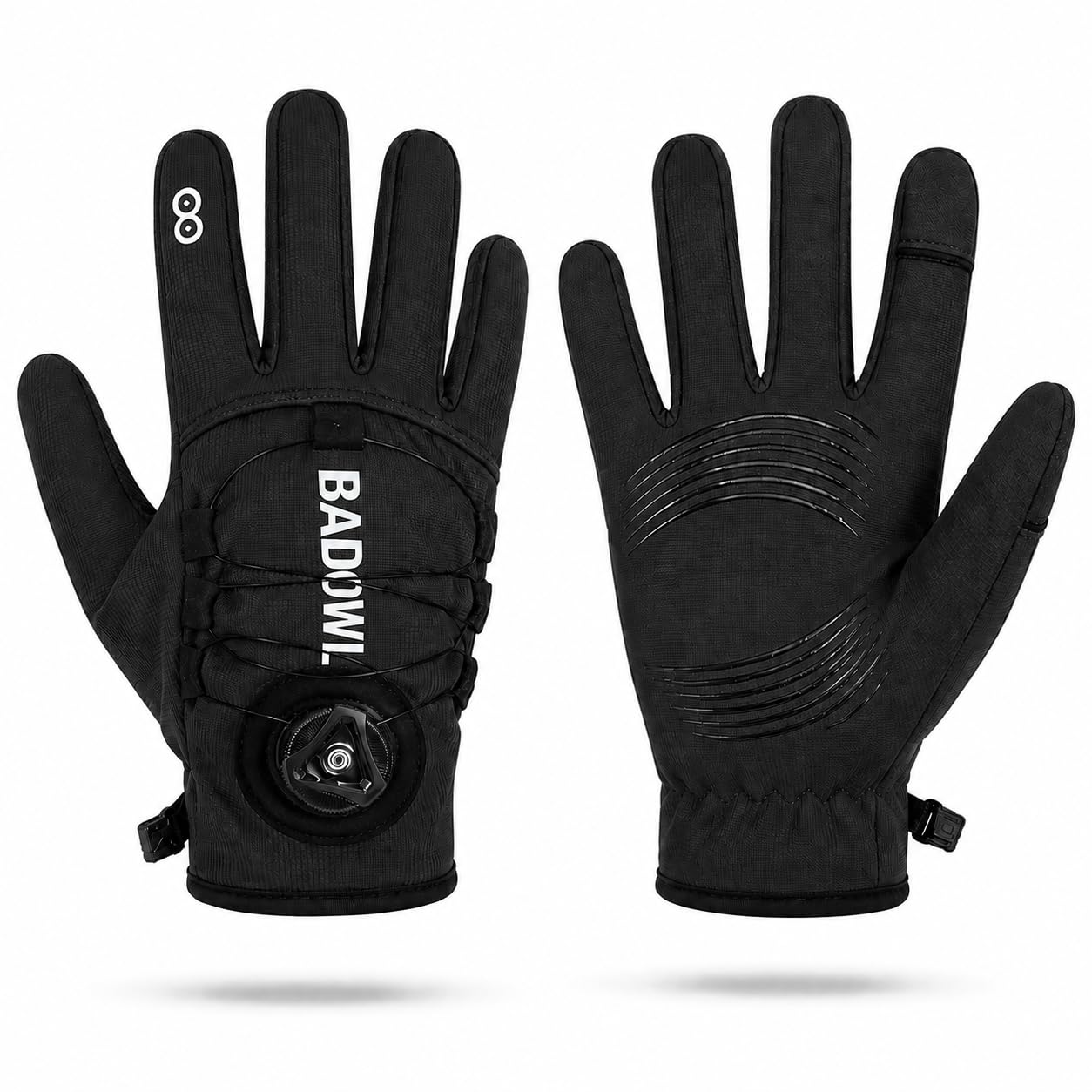 badowl thermolock pro winter riding gloves for men & women | thermal fleece lining | fold-back thumb & index finger | silicone anti-slip grip | rotary lock fit | motorcycle & bike gloves
