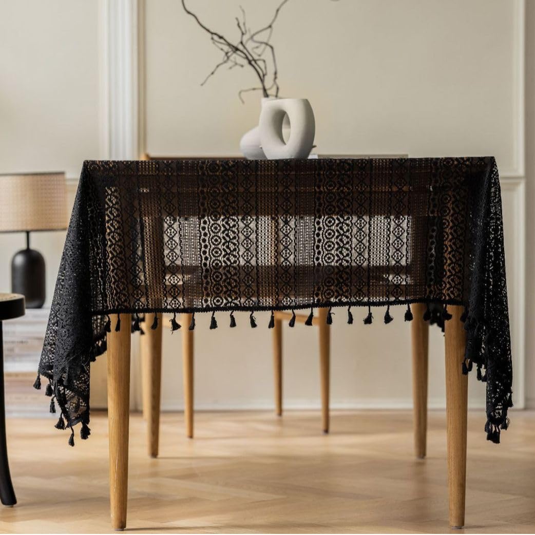 Plancholo Handmade Crochet Tablecloth with Tassels Boho Geometric Table Cloth Washable Table Cover for Kitchen Dining (Black, Rectangle, 59 x 87 Inch)