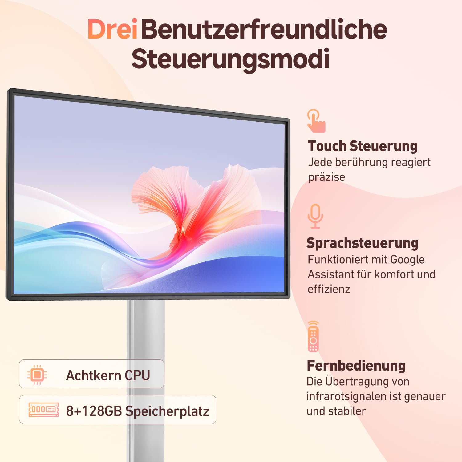 JAV Interaktives Whiteboard Smart Board 43 Zoll Android 14 Google EDLA Zertifiziert Drehbares Smart Screen 8+128 GB Digitales Whiteboard für Live Streaming Büro Klassenzimmer (Inklusive Wandhalterung)