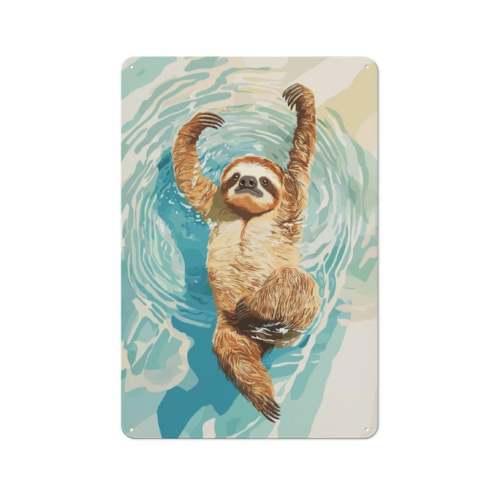 Junmoney Style-1 Sloth Swimming In Water Illustration Rustic Metal Sign 30X20cm For Pub Or Café, For Collectors Of Rustic Metal Wall Decor