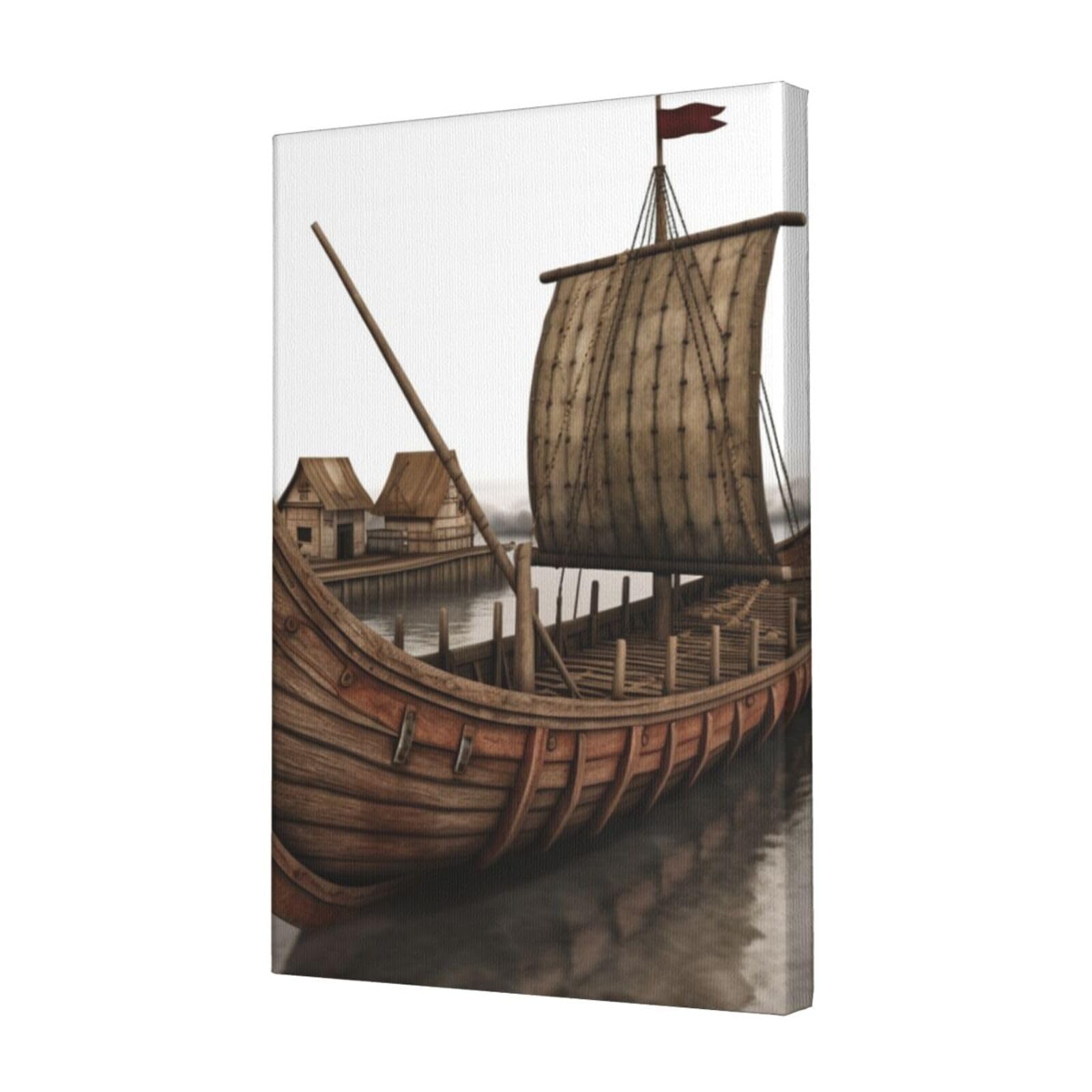 KLOPH Old Viking Boat Canvas Wall Art for Living Room 12"x18" Modern Artwork Painting for Bathroom Hanging Canvas Prints Aesthetic Wallart for Bedroom Kitchen Office Wall Decor